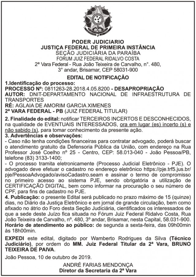 DNIT – PB – Edital de Notificação (AGLAIA DE AMORIM GARCIA XIMENES)