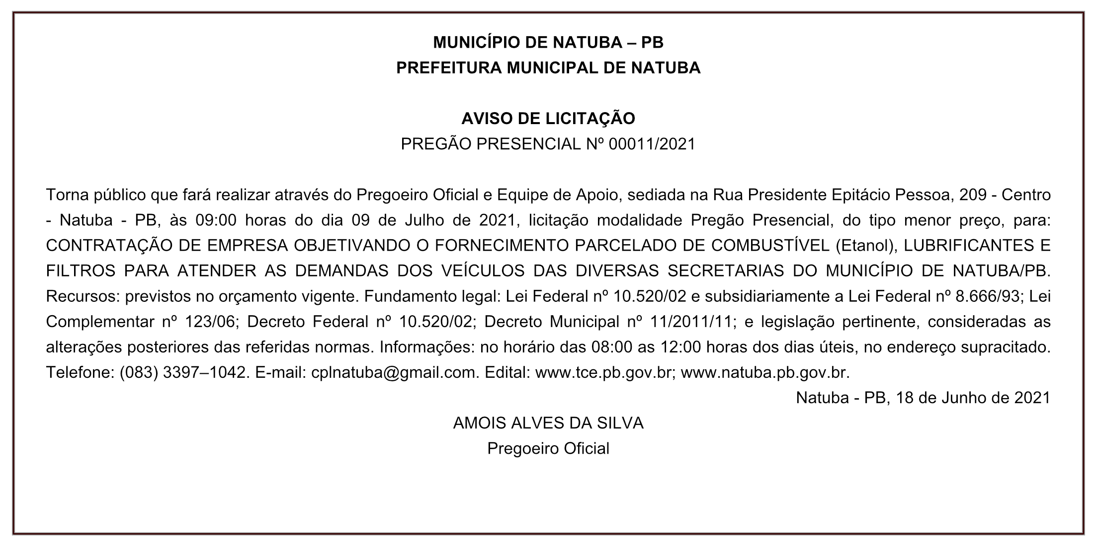 PREFEITURA MUNICIPAL DE NATUBA – AVISO DE LICITAÇÃO – PREGÃO PRESENCIAL Nº 00011/2021
