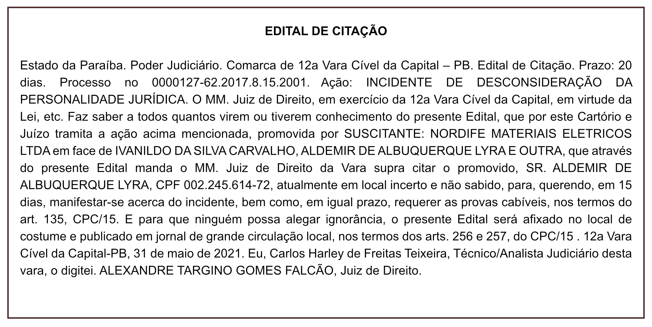 NORDIFE MATERIAIS ELÉTRICOS LTDA – EDITAL DE CITAÇÃO
