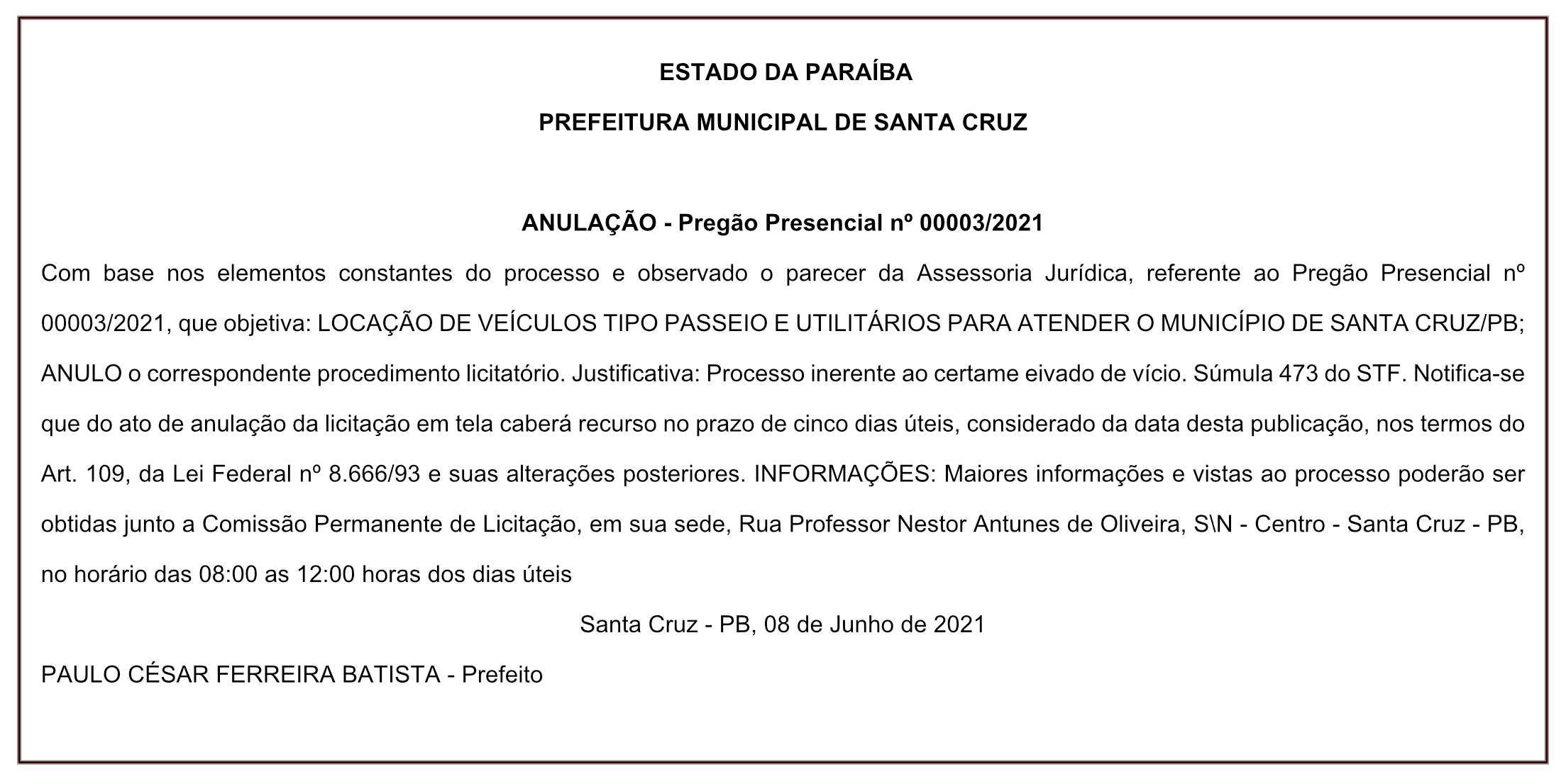 PREFEITURA MUNICIPAL DE SANTA CRUZ – ANULAÇÃO – PREGÃO PRESENCIAL Nº 00003/2021