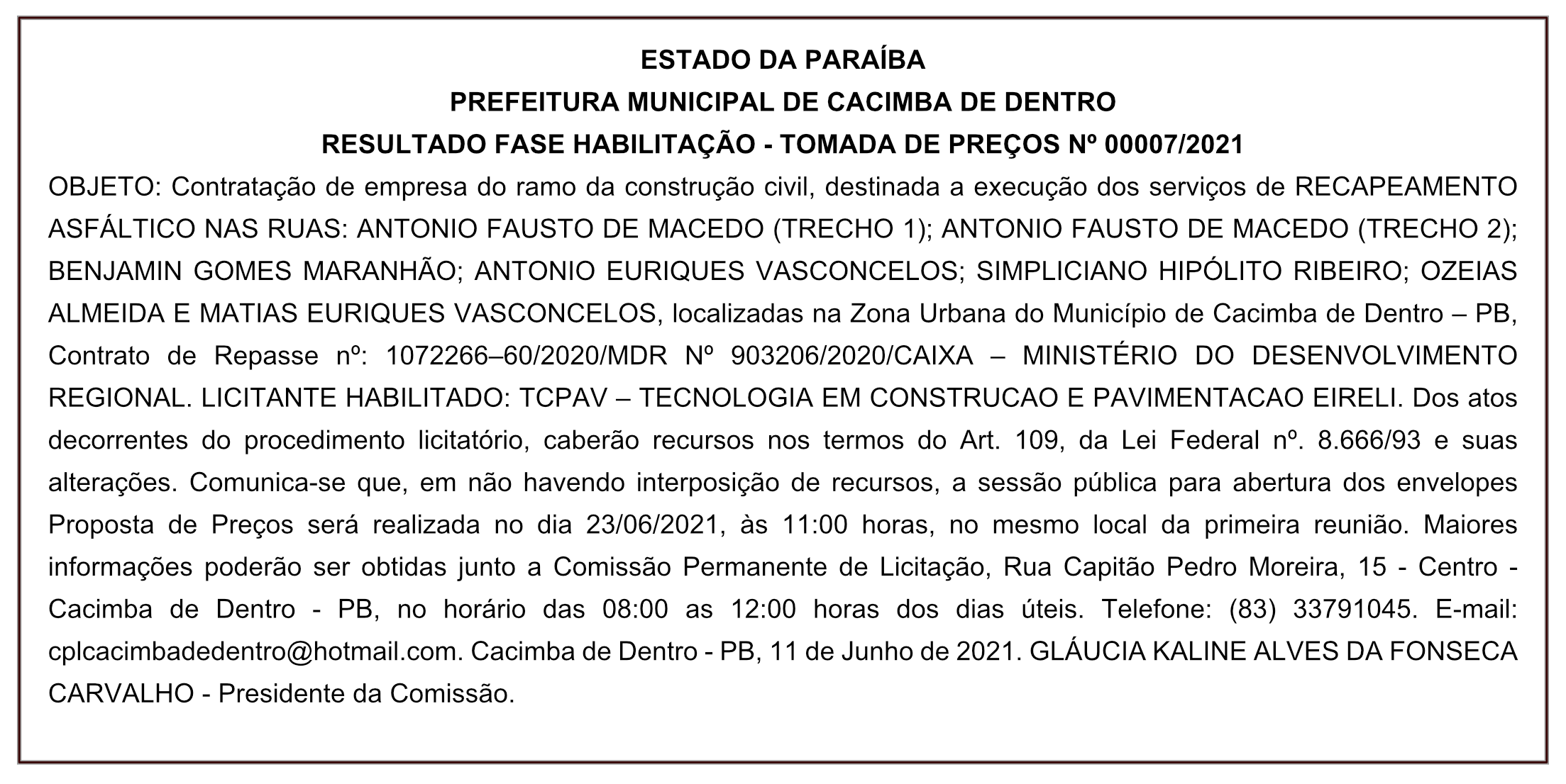 PREFEITURA MUNICIPAL DE CACIMBA DE DENTRO – RESULTADO FASE HABILITAÇÃO – TOMADA DE PREÇOS Nº 00007/2021