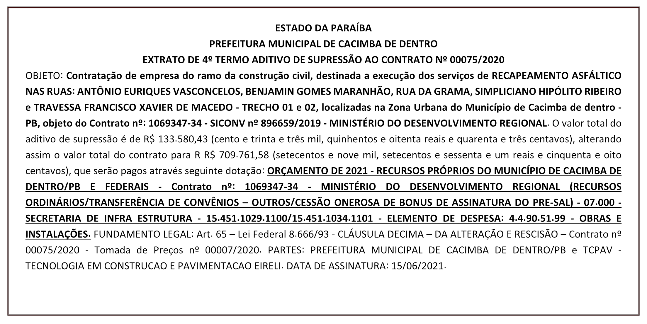 PREFEITURA MUNICIPAL DE CACIMBA DE DENTRO – EXTRATO DE 4º TERMO ADITIVO DE SUPRESSÃO AO CONTRATO Nº 00075/2020