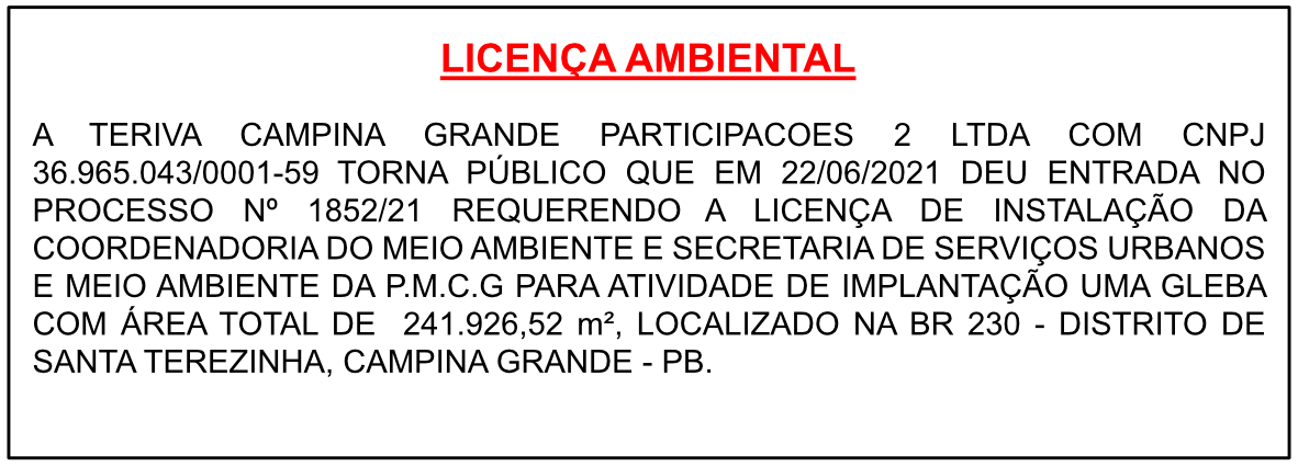 TERIVA CAMPINA GRANDE PARTICIPAÇÕES 2 LTDA – LICENÇA AMBIENTAL