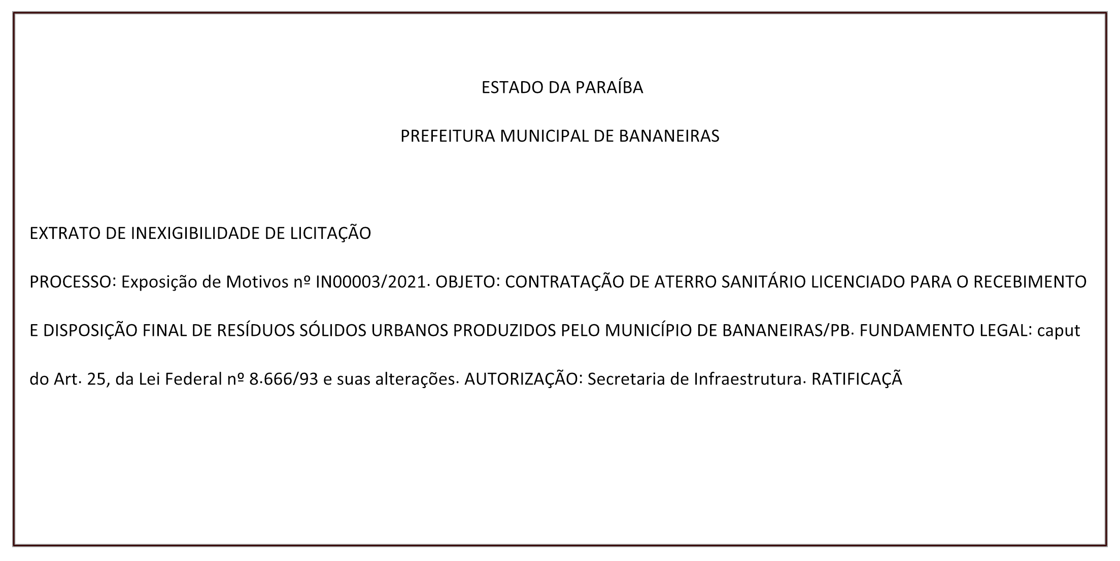 PREFEITURA MUNICIPAL DE BANANEIRAS – EXTRATO DE INEXIGIBILIDADE DE LICITAÇÃO