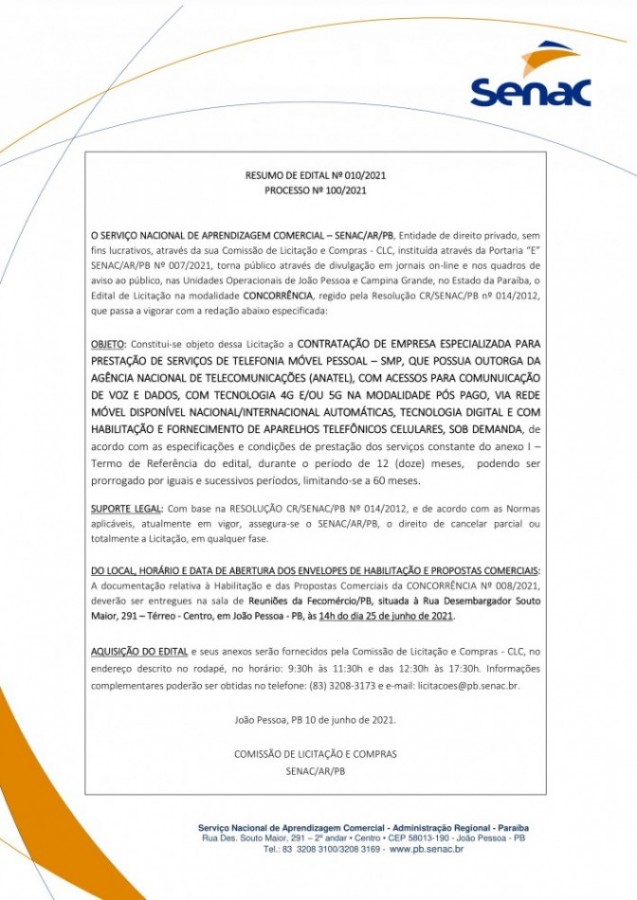 SENAC – RESUMO DE EDITAL Nº 010/2021 PROCESSO Nº 100/2021