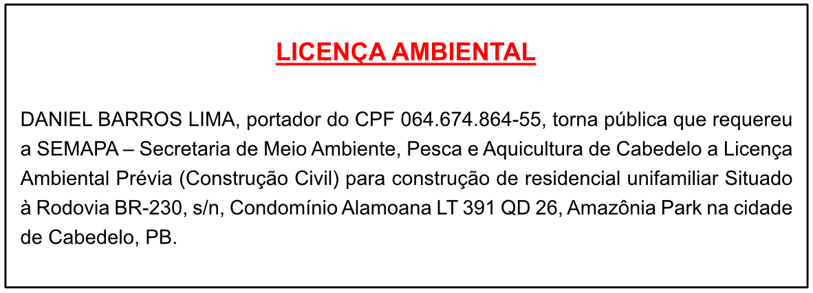 DANIEL BARROS LIMA – LICENÇA AMBIENTAL