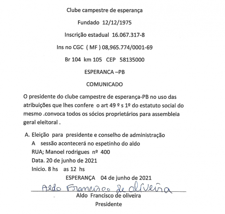 Clube Campesre de Esperança-PB – Edital de Comunicado