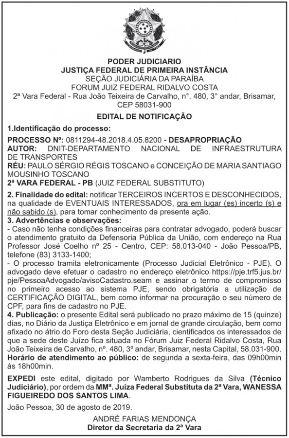 DNIT – PB – Edital de Notificação (PAULO SÉRGIO RÉGIS TOSCANO e CONCEIÇÃO DE MARIA SANTIAGO MOUSINHO TOSCANO)