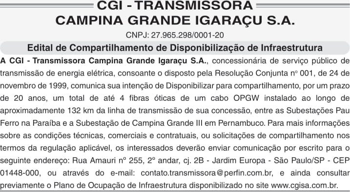 CGI – TRANSMISSORA CAMPINA GRANDE IGARAÇU S.A. – Edital de Compartilhamento de Disponibilização de Infraestrutura