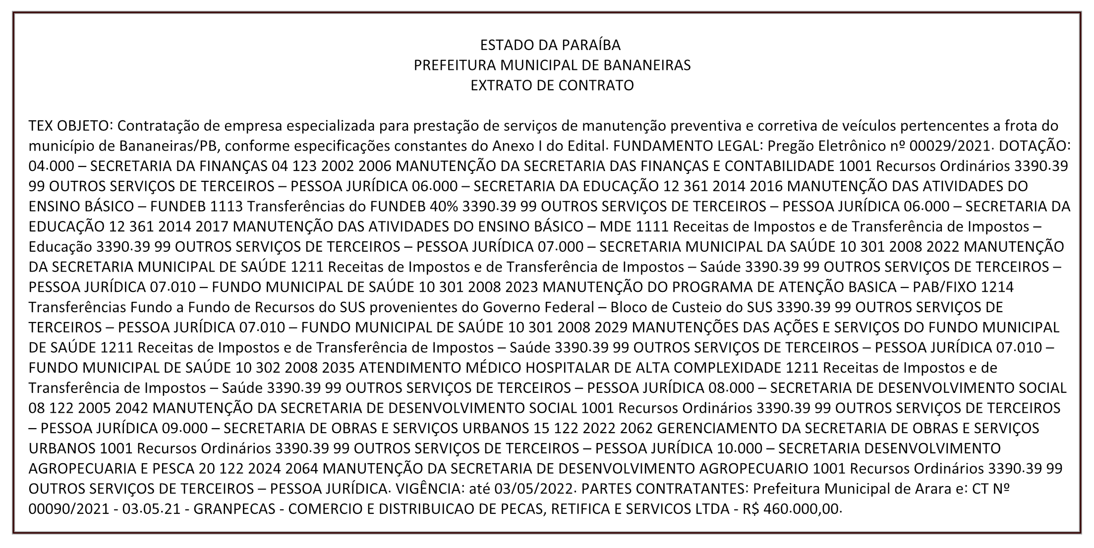 PREFEITURA MUNICIPAL DE BANANEIRAS – EXTRATO DE CONTRATO