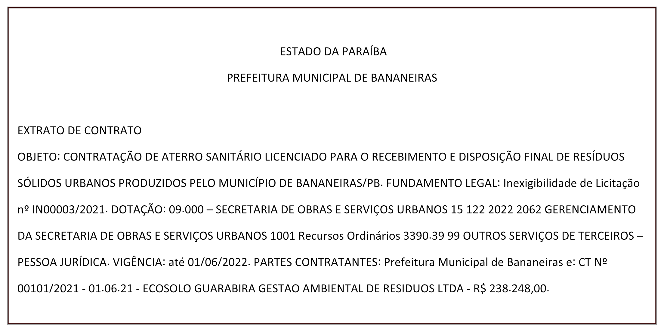 PREFEITURA MUNICIPAL DE BANANEIRAS – EXTRATO DE CONTRATO