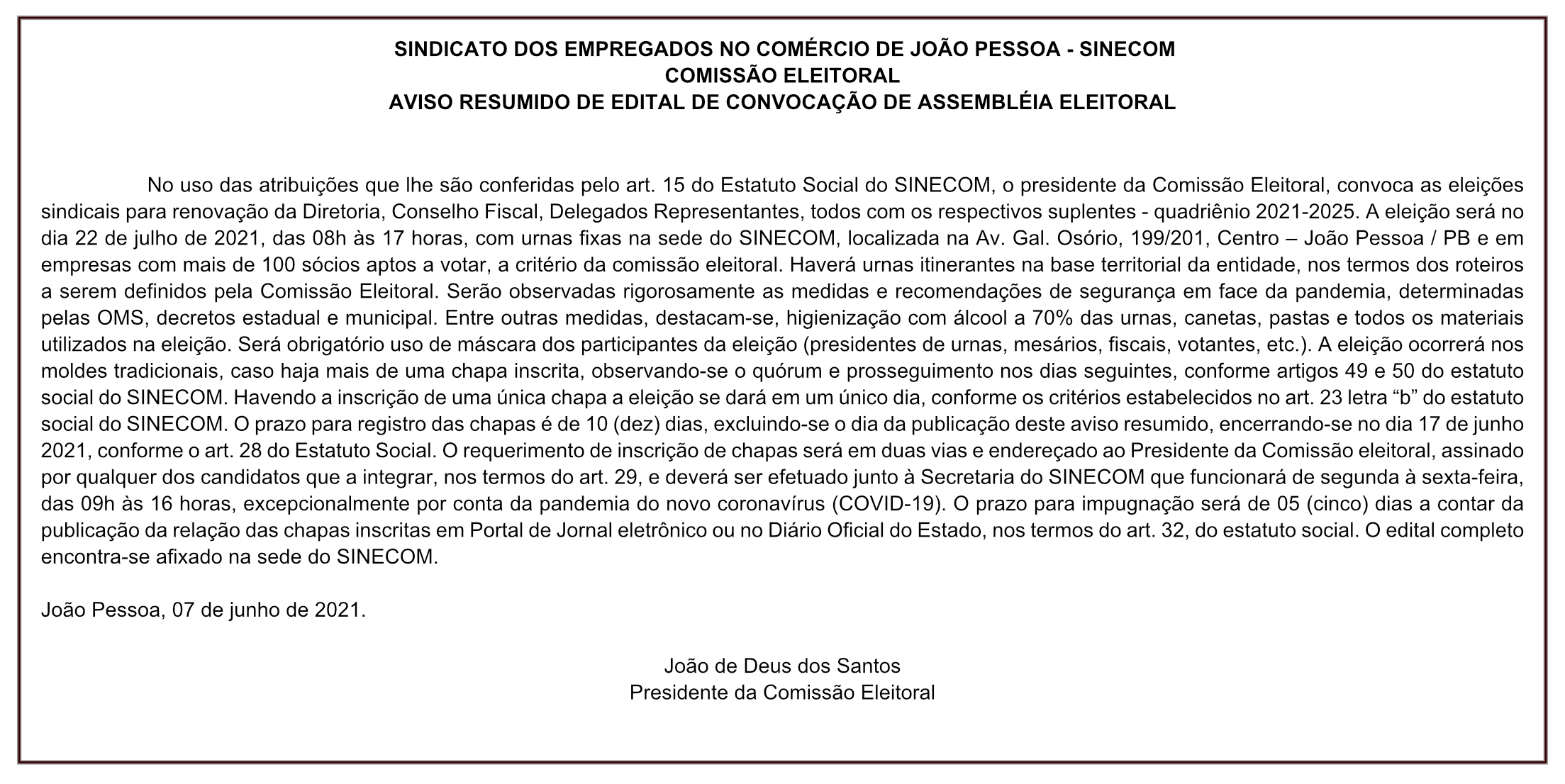 SINECOM – AVISO RESUMIDO DE EDITAL DE CONVOCAÇÃO DE ASSEMBLÉIA ELEITORAL