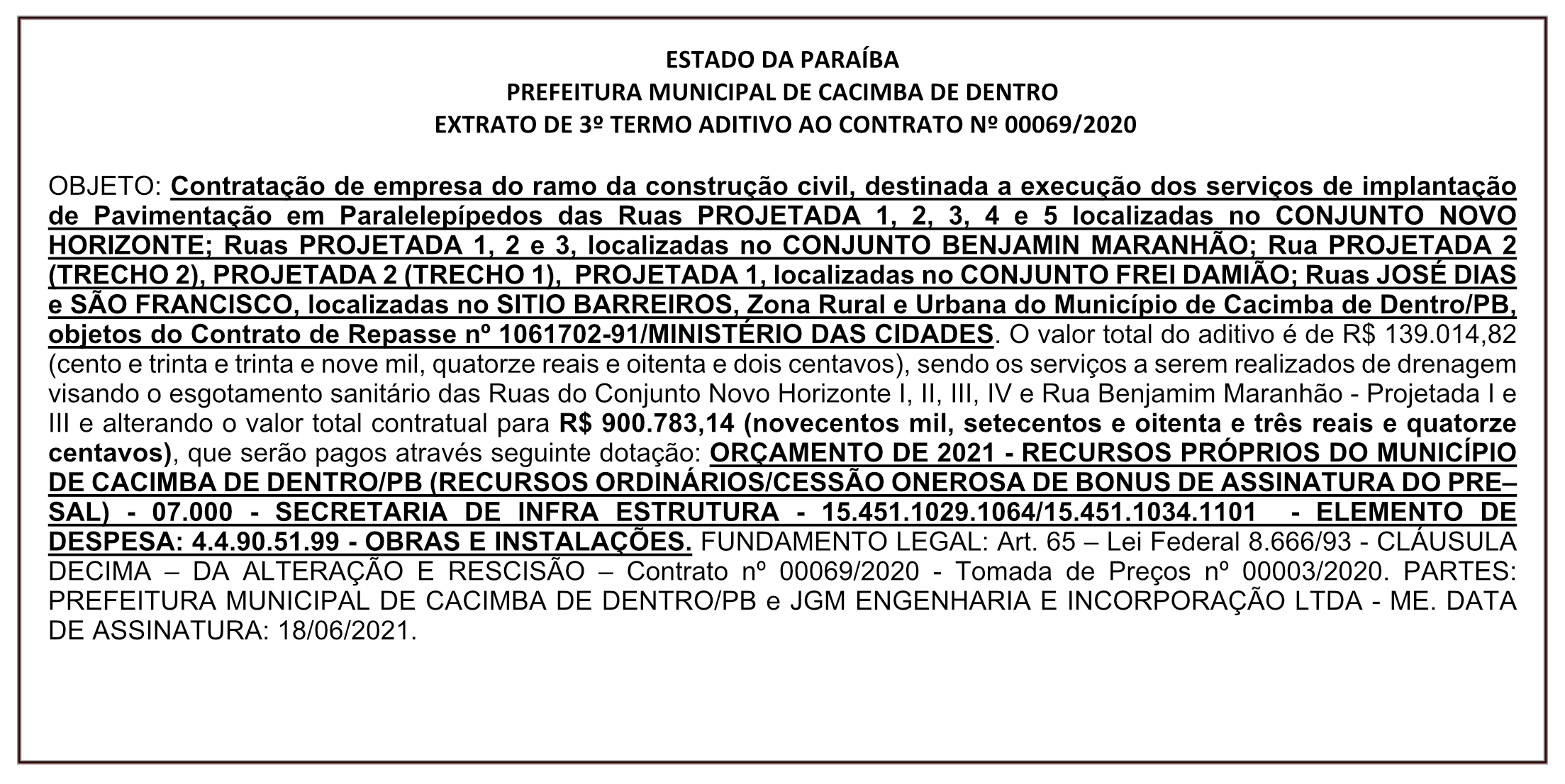 PREFEITURA MUNICIPAL DE CACIMBA DE DENTRO – EXTRATO DE 3º TERMO ADITIVO AO CONTRATO Nº 00069/2020