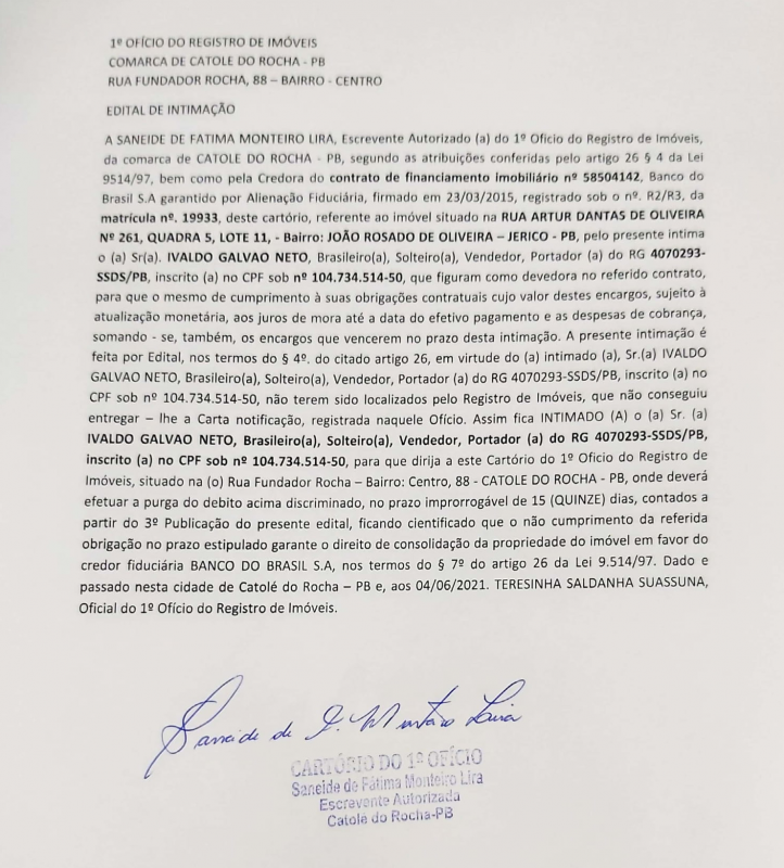 EDITAL DE INTIMAÇÃO – A51534 IVALDO GALVAO NETO