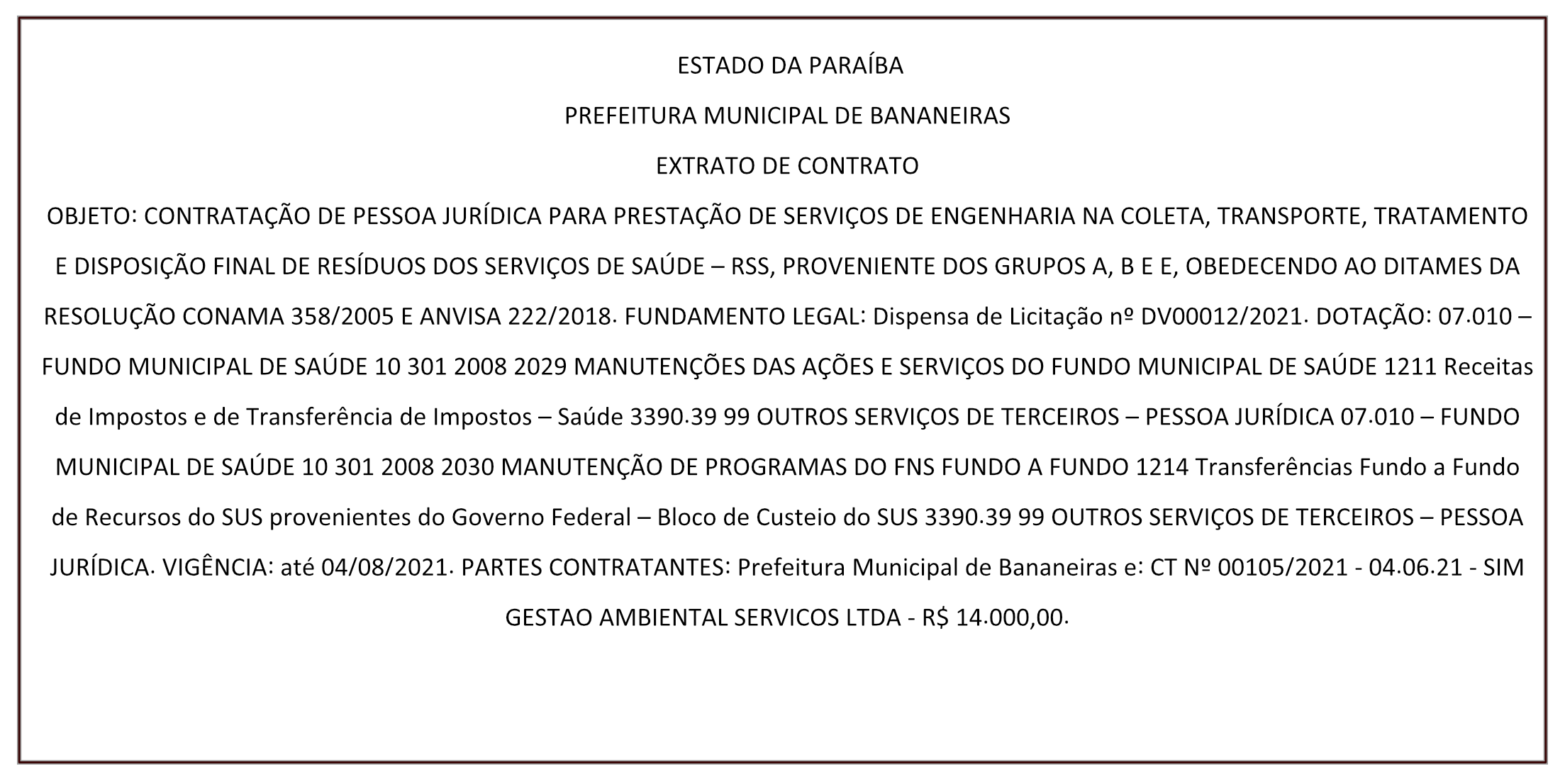 PREFEITURA MUNICIPAL DE BANANEIRAS – EXTRATO DE CONTRATO