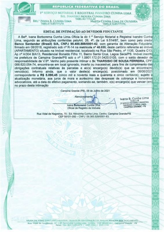 EDITAL DE INTIMAÇÃO AO DEVEDOR FIDUCIANTE – THARSISIO DE SOUSA FERREIRA