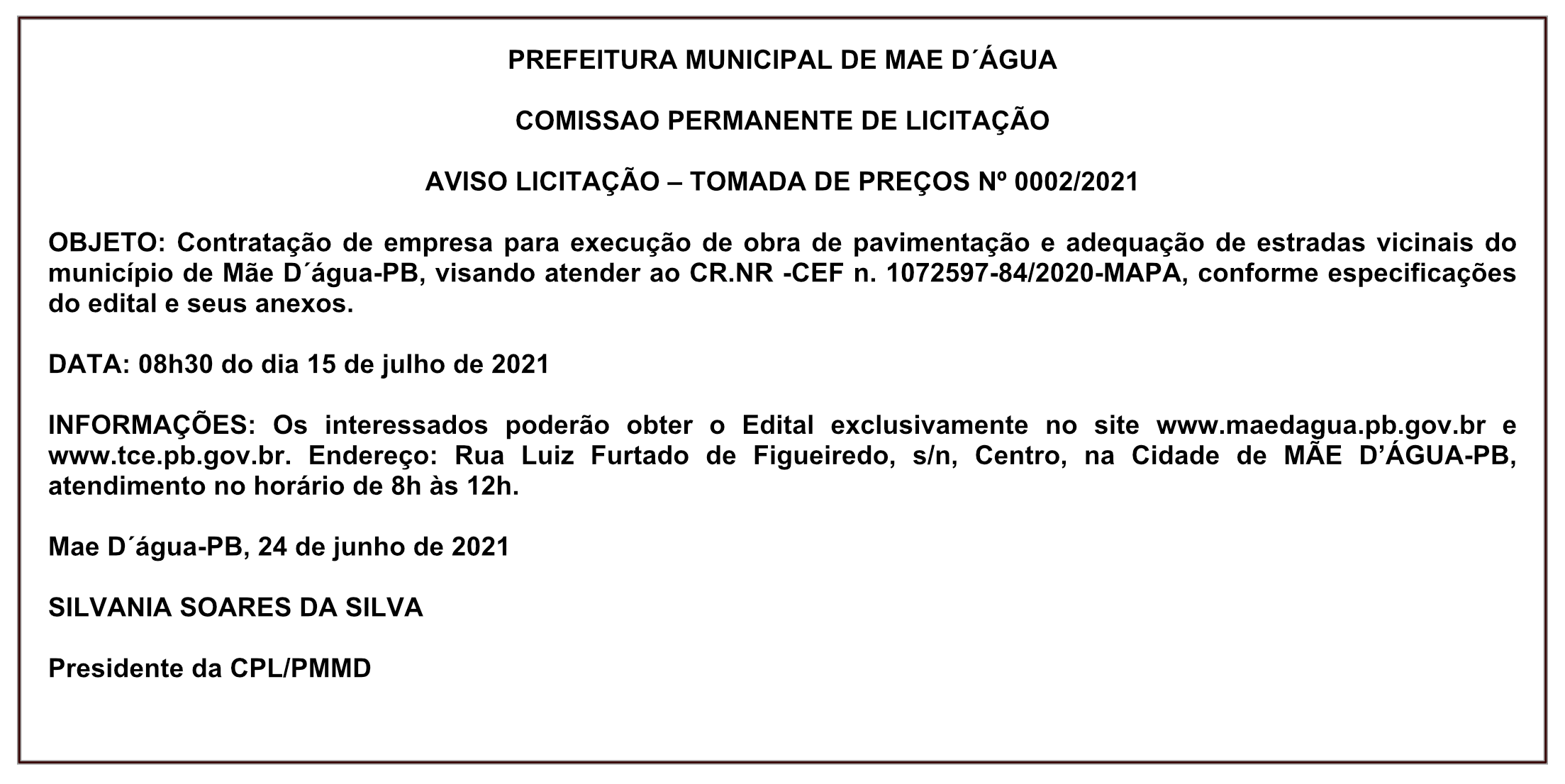 PREFEITURA MUNICIPAL DE MAE D’ÁGUA – AVISO LICITAÇÃO – TOMADA DE PREÇOS Nº 0002/2021