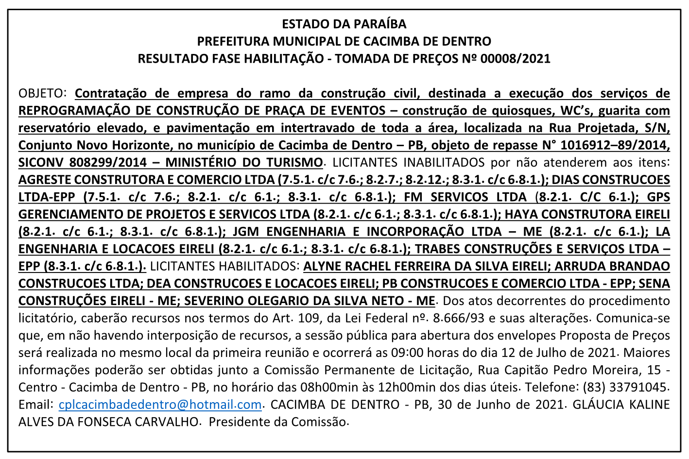PREFEITURA MUNICIPAL DE CACIMBA DE DENTRO – RESULTADO – FASE HABILITAÇÃO – TOMADA DE PREÇOS Nº 00008/2021