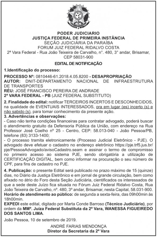 DNIT – PB – Edital de Notificação (JOSÉ FRANCISCO PEREIRA DE ANDRADE)