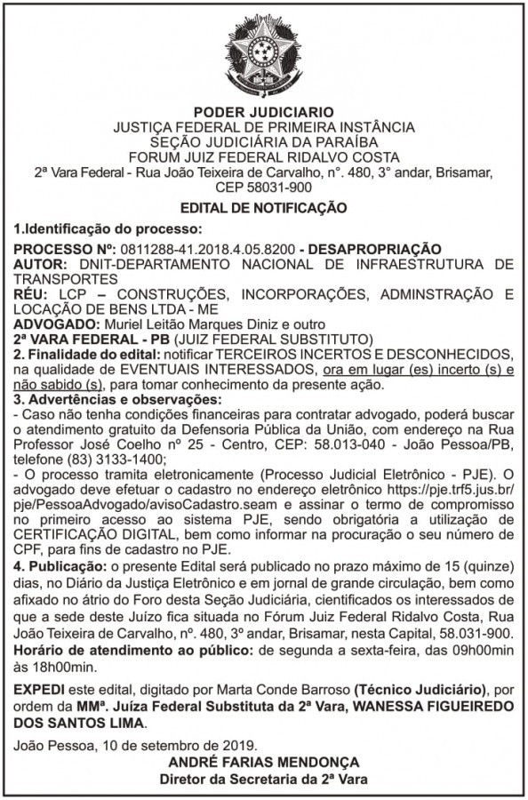 DNIT – PB – Edital de Notificação (PROCESSO No: 0811288-41.2018.4.05.8200 – DESAPROPRIAÇÃO)