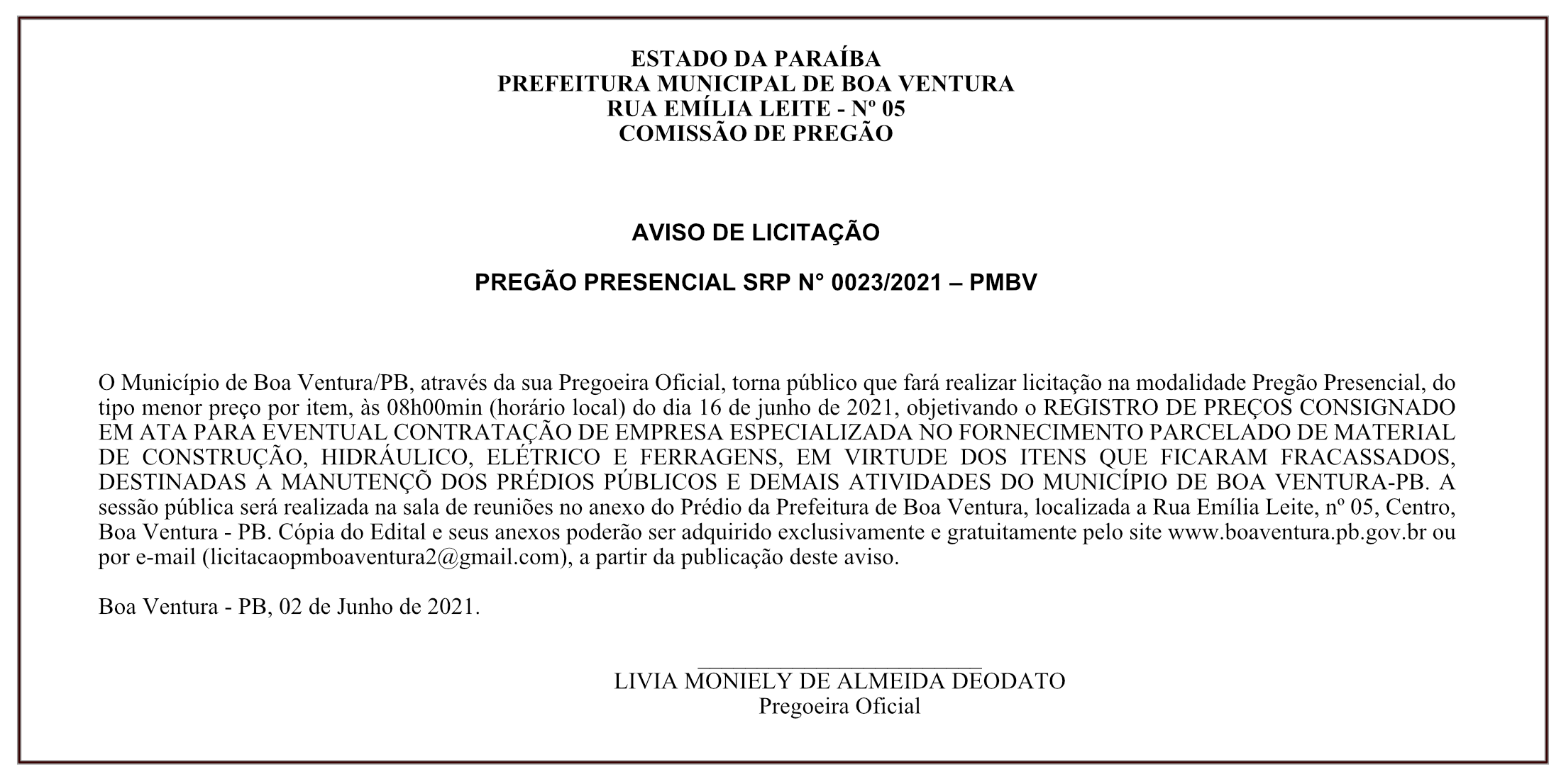 PREFEITURA MUNICIPAL DE BOA VENTURA  – AVISO DE LICITAÇÃO – PREGÃO PRESENCIAL SRP N° 0023/2021 – PMBV