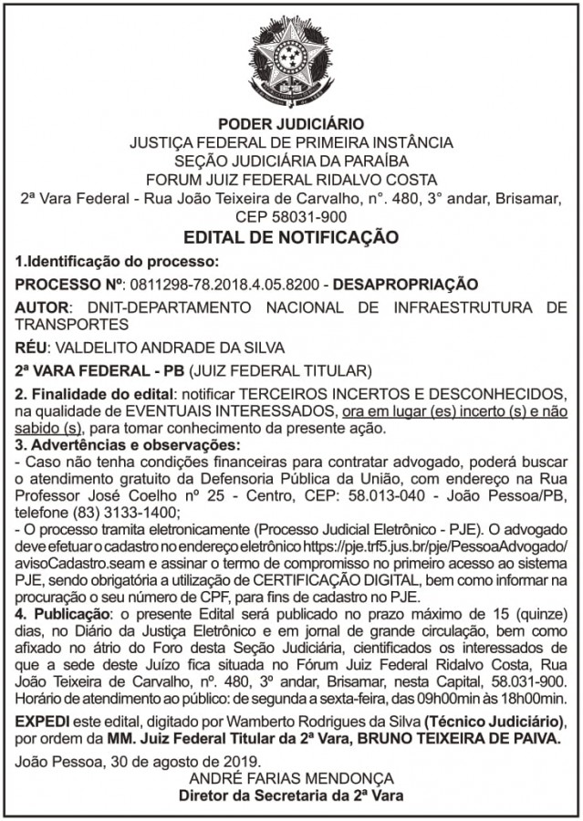 DNIT – PB – Edital de Notificação – VALDELITO ANDRADE DA SILVA