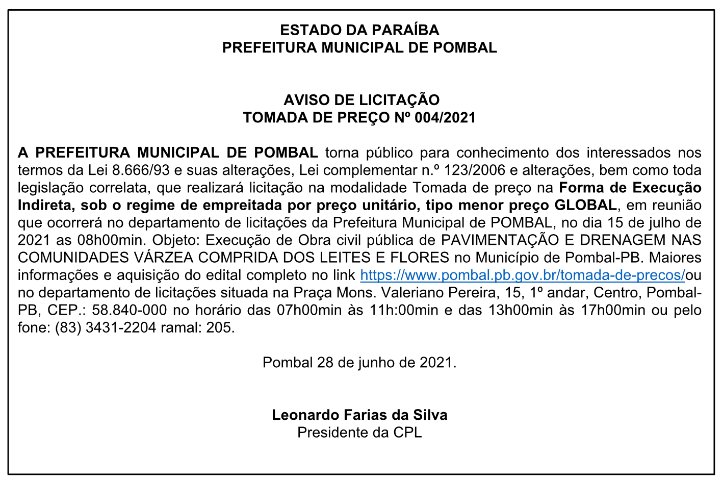 PREFEITURA MUNICIPAL DE POMBAL – AVISO DE LICITAÇÃO – TOMADA DE PREÇO Nº 004/2021
