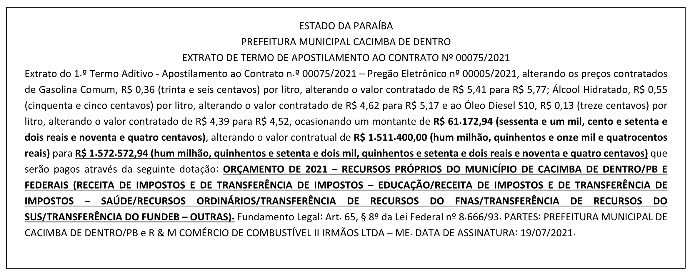 PREFEITURA MUNICIPAL CACIMBA DE DENTRO – EXTRATO DE TERMO DE APOSTILAMENTO AO CONTRATO Nº 00075/2021