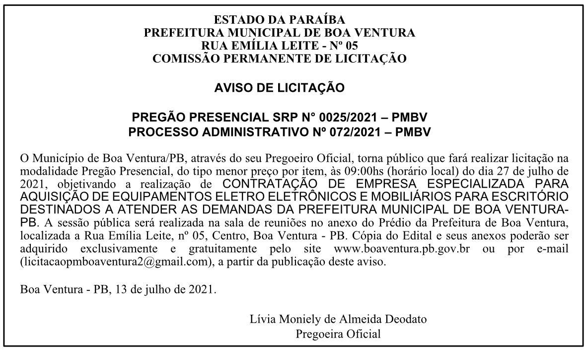PREFEITURA MUNICIPAL DE BOA VENTURA – AVISO DE LICITAÇÃO – PREGÃO PRESENCIAL SRP N° 0025/2021 – PROCESSO ADMINISTRATIVO Nº 072/2021