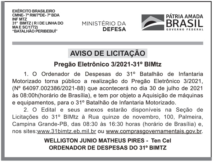 CMDO – 31º B INF MTZ – AVISO DE LICITAÇÃO – Pregão Eletrônico 3/2021