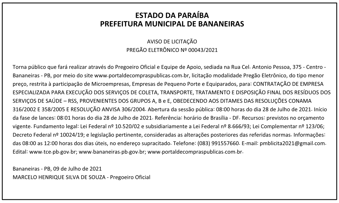 PREFEITURA MUNICIPAL DE BANANEIRAS – AVISO DE LICITAÇÃO – PREGÃO ELETRÔNICO Nº 00043/2021