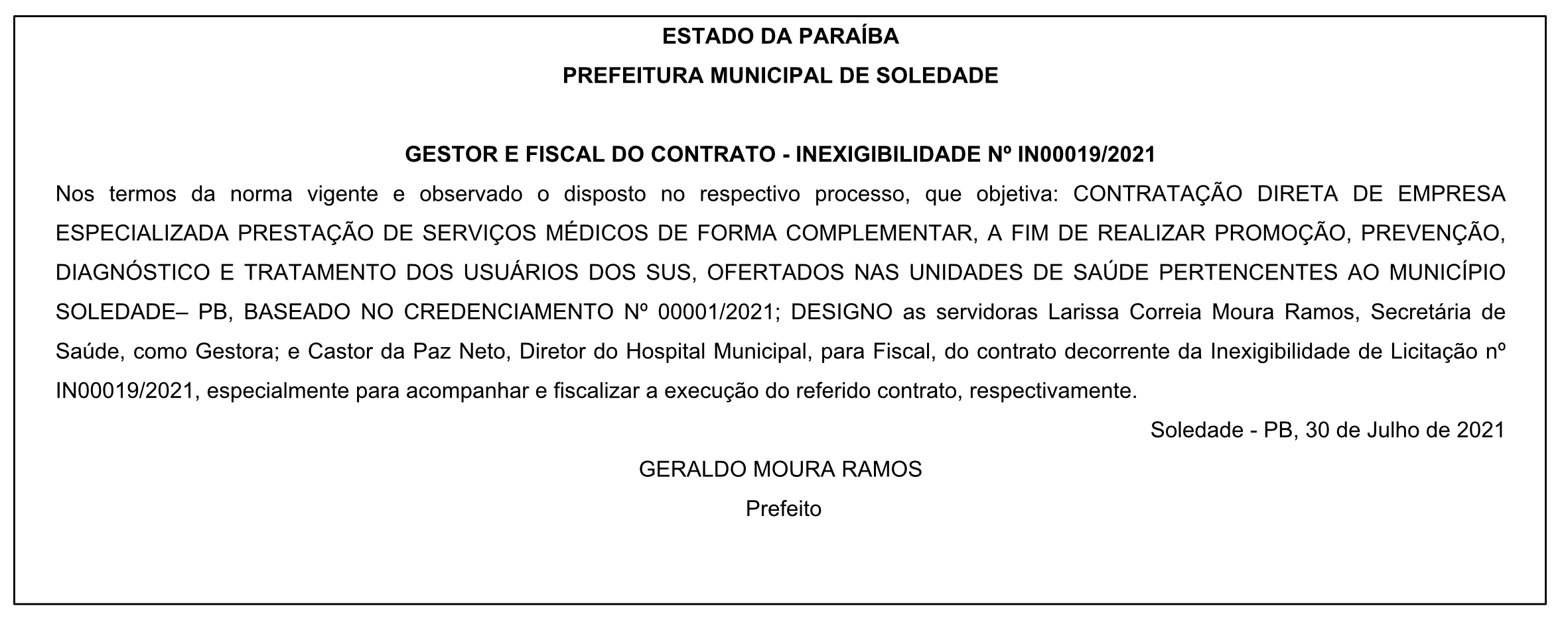 PREFEITURA MUNICIPAL DE SOLEDADE – GESTOR E FISCAL DO CONTRATO – INEXIGIBILIDADE Nº IN00019/2021
