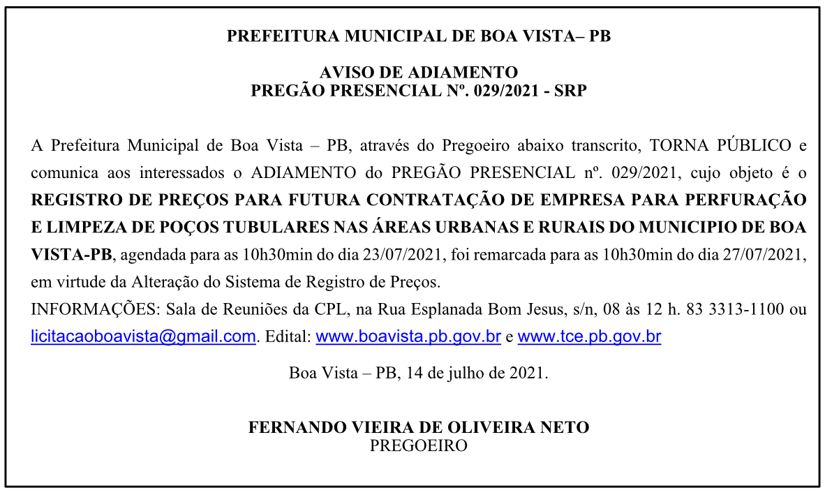 PREFEITURA MUNICIPAL DE BOA VISTA – AVISO DE ADIAMENTO – PREGÃO PRESENCIAL Nº. 029/2021 – SRP