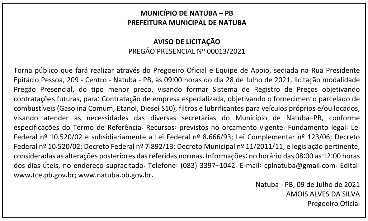 PREFEITURA MUNICIPAL DE NATUBA – AVISO DE LICITAÇÃO – PREGÃO PRESENCIAL Nº 00013/2021