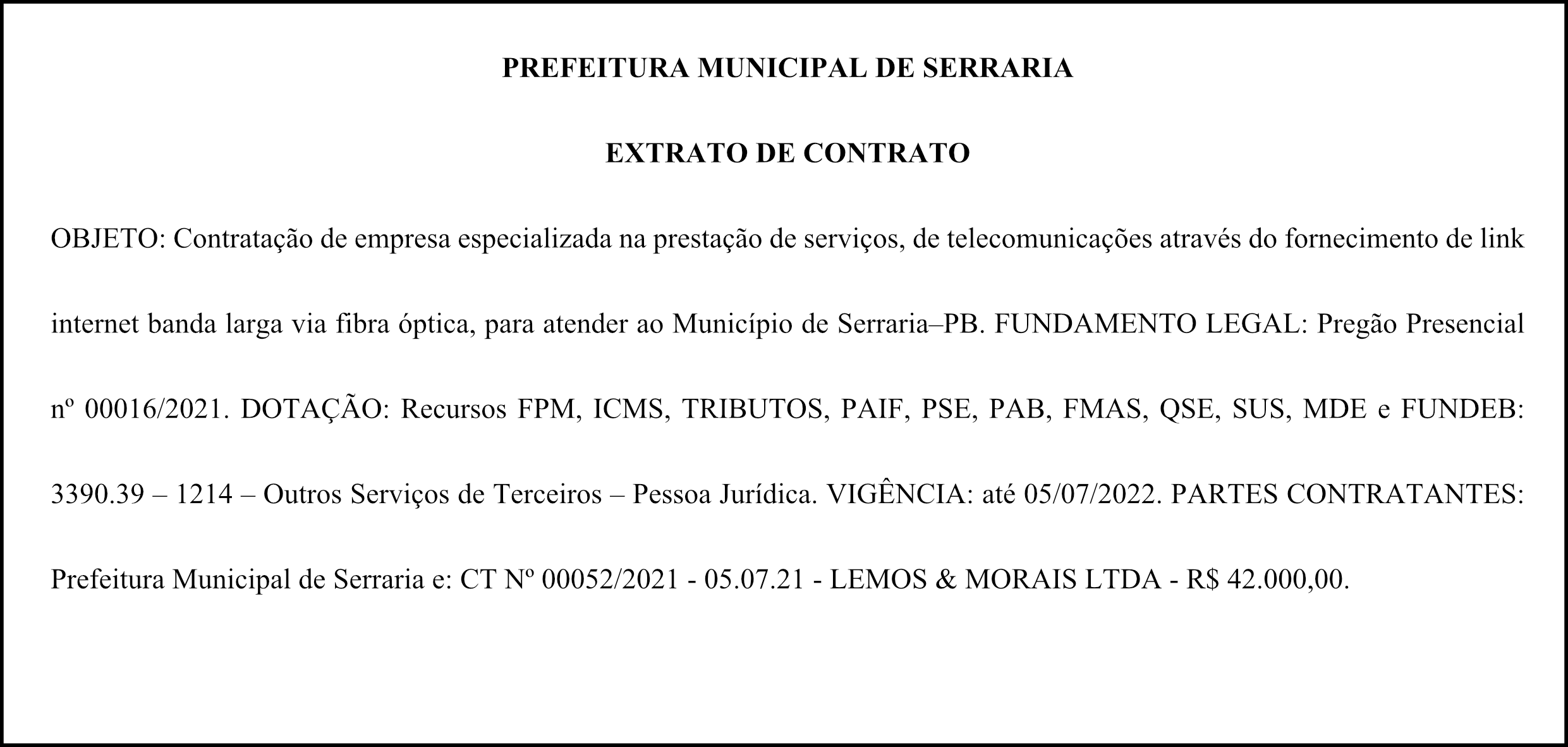 PREFEITURA MUNICIPAL DE SERRARIA – EXTRATO DE CONTRATO