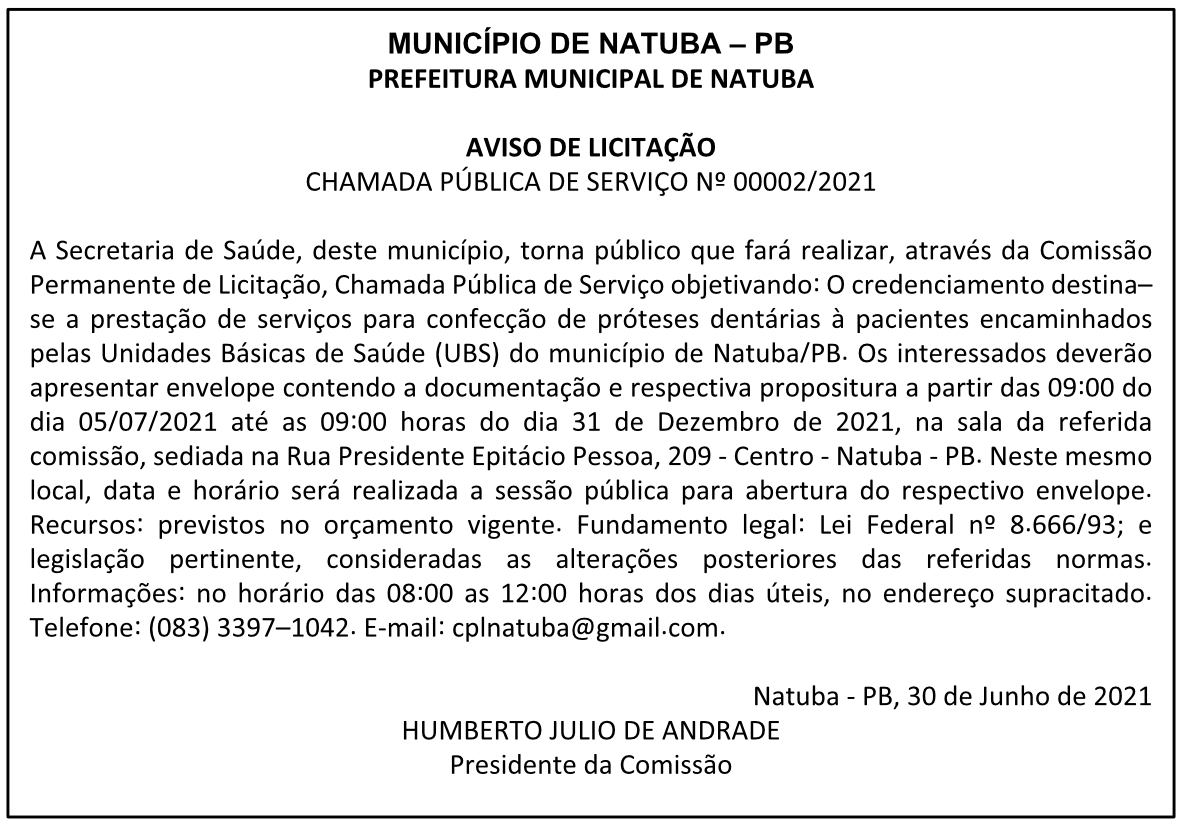PREFEITURA MUNICIPAL DE NATUBA – AVISO DE LICITAÇÃO – CHAMADA PÚBLICA DE SERVIÇO Nº 00002/2021