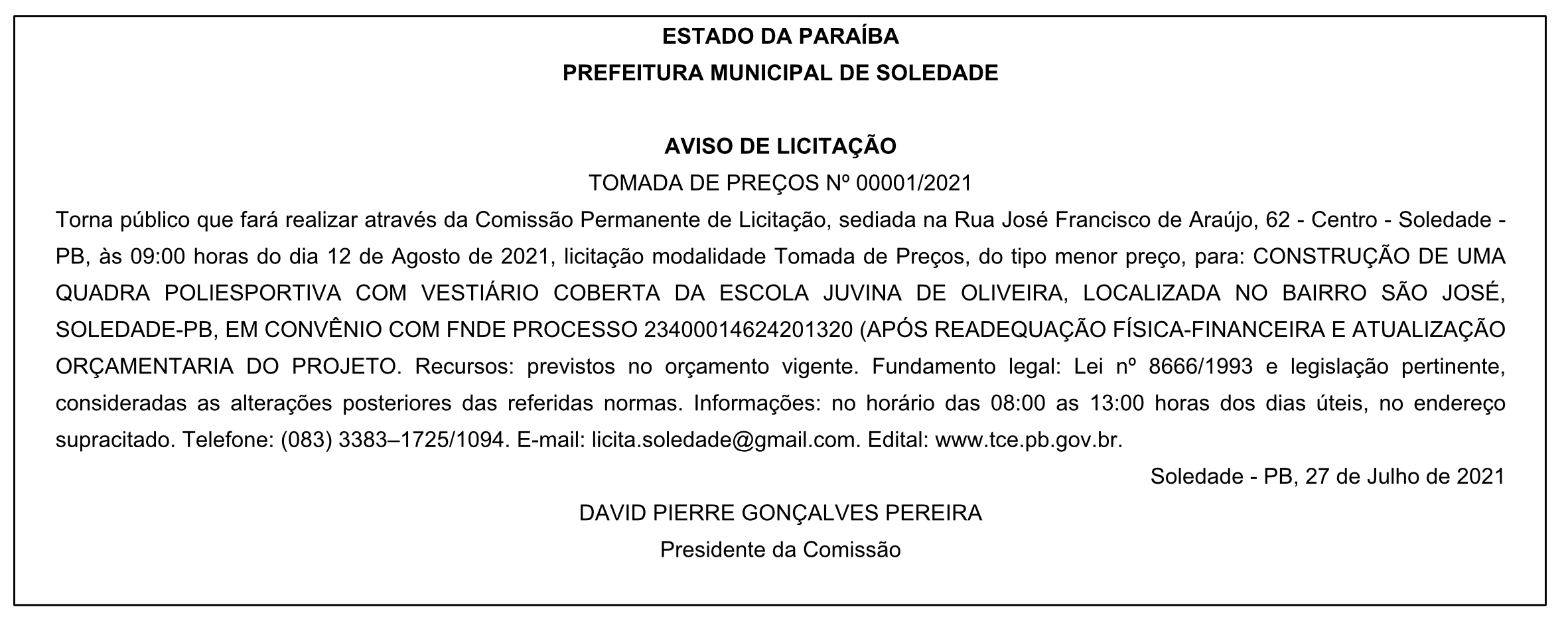 PREFEITURA MUNICIPAL DE SOLEDADE – AVISO DE LICITAÇÃO – TOMADA DE PREÇOS Nº 00001/2021