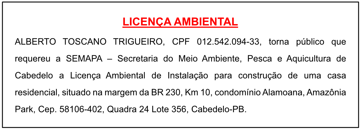 ALBERTO TOSCANO TRIGUEIRO – LICENÇA AMBEINTAL