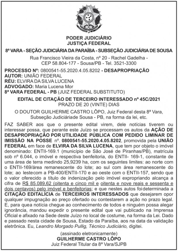 MDR – DF – EDITAL DE CITAÇÃO DE TERCEIRO INTERESSADO Nº 45C/2021
