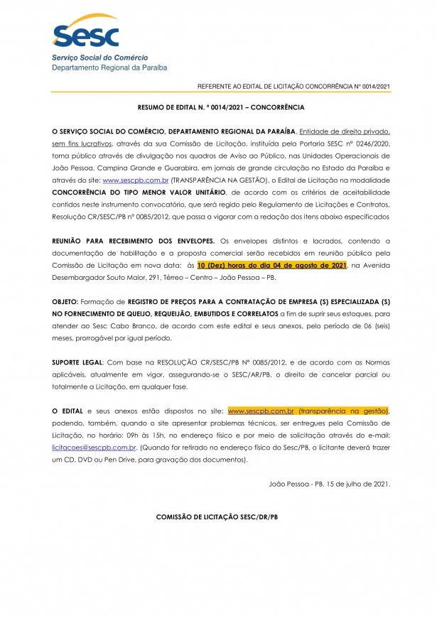 SESC – RESUMO DE EDITAL Nº 0014/2021 – CONCORRÊNCIA