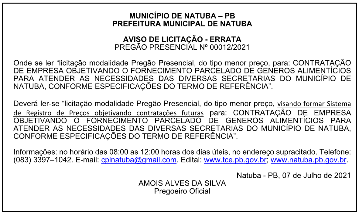 PREFEITURA MUNICIPAL DE NATUBA – AVISO DE LICITAÇÃO – ERRATA – PREGÃO PRESENCIAL Nº 00012/2021