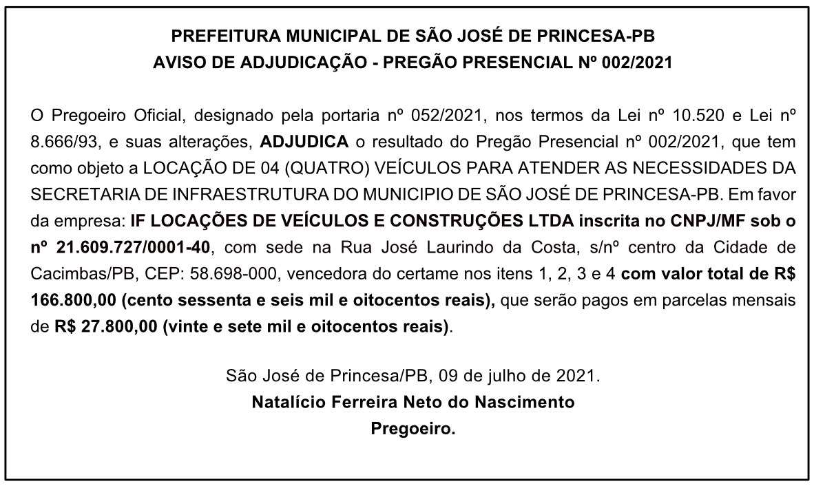PREFEITURA MUNICIPAL DE SÃO JOSÉ DE PRINCESA – AVISO DE ADJUDICAÇÃO – PREGÃO PRESENCIAL Nº 002/2021