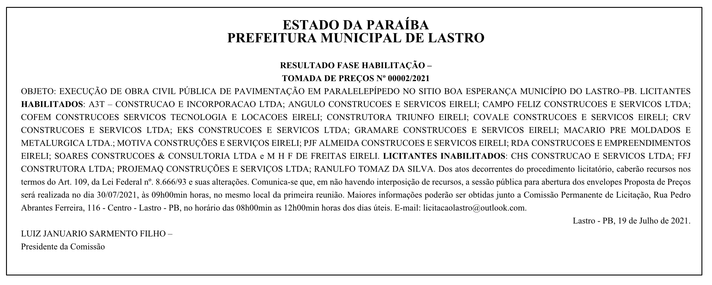 PREFEITURA MUNICIPAL DE LASTRO – RESULTADO FASE HABILITAÇÃO – TOMADA DE PREÇOS Nº 00002/2021