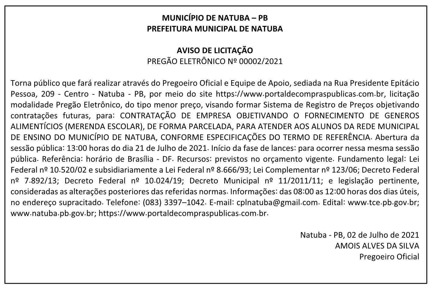 PREFEITURA MUNICIPAL DE NATUBA – AVISO DE LICITAÇÃO – PREGÃO ELETRÔNICO Nº 00002/2021