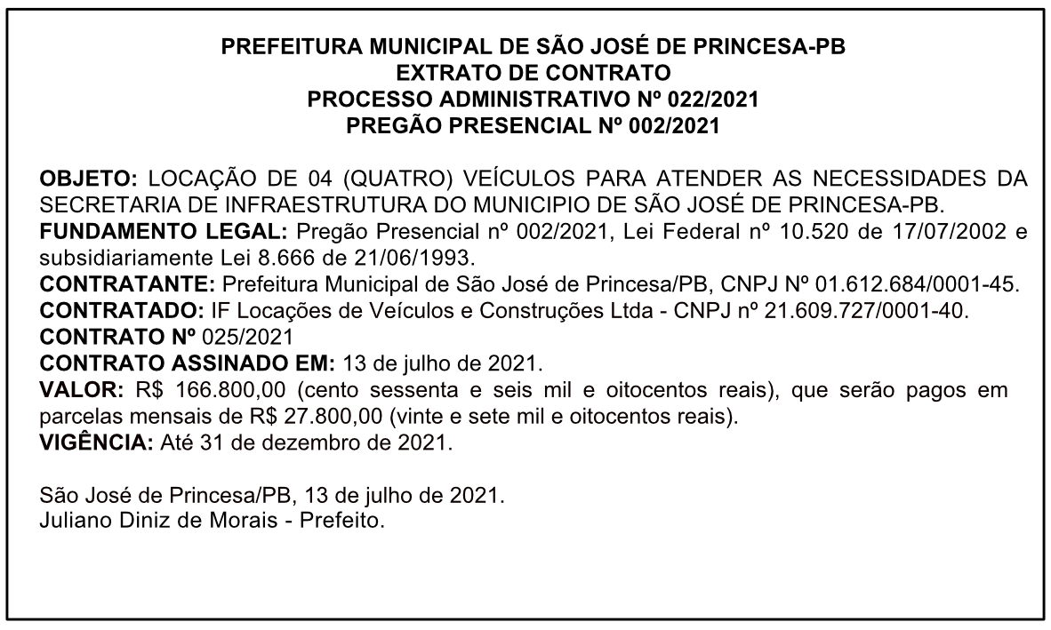 PREFEITURA MUNICIPAL DE SÃO JOSÉ DE PRINCESA – EXTRATO DE CONTRATO – PROCESSO ADMINISTRATIVO Nº 022/2021 – PREGÃO PRESENCIAL Nº 002/2021