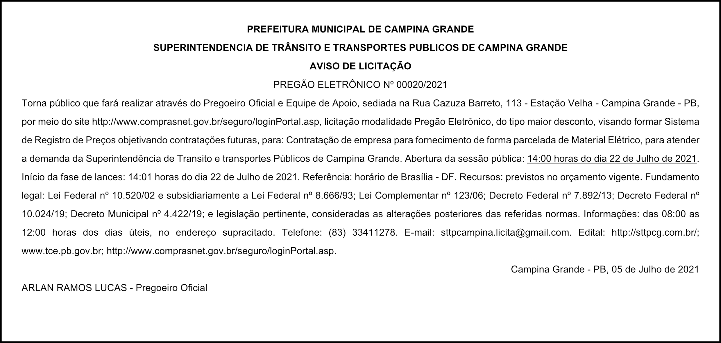 STTP – AVISO DE LICITAÇÃO – PREGÃO ELETRÔNICO Nº 00020/2021
