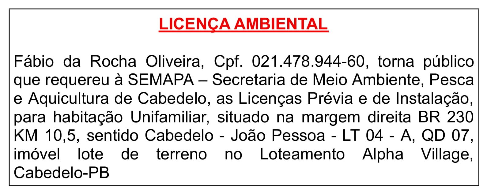 Fábio da Rocha Oliveira – Licença Ambiental