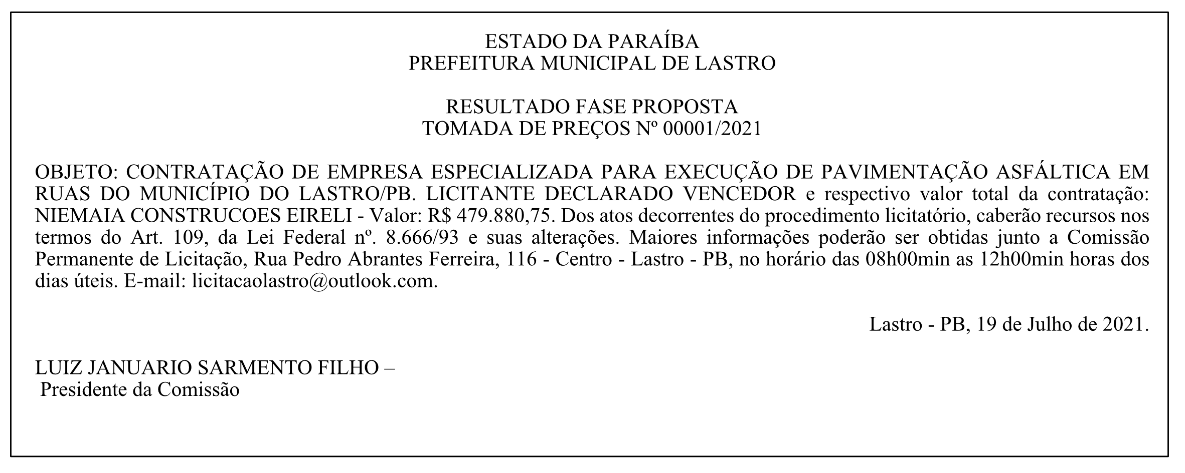 PREFEITURA MUNICIPAL DE LASTRO – RESULTADO FASE PROPOSTA – TOMADA DE PREÇOS Nº 00001/2021