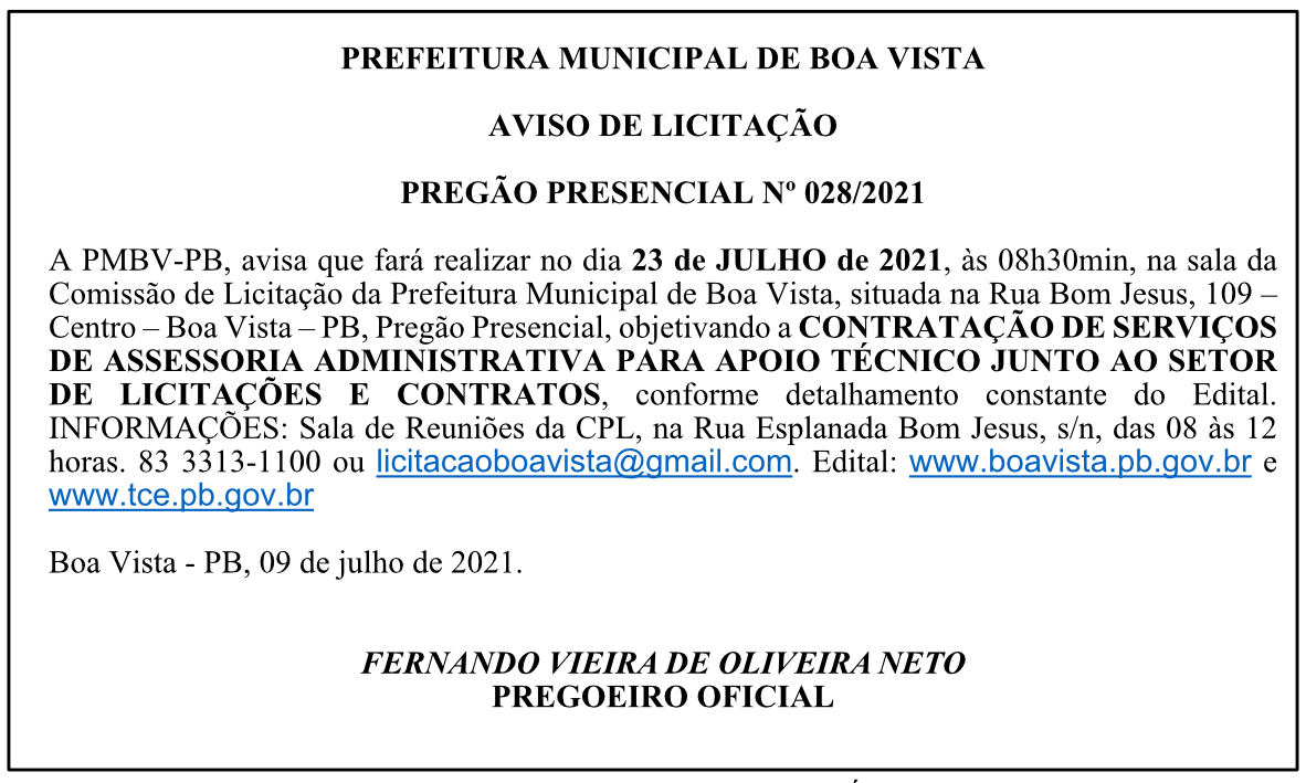 PREFEITURA MUNICIPAL DE BOA VISTA – AVISO DE LICITAÇÃO – PREGÃO PRESENCIAL Nº 028/2021