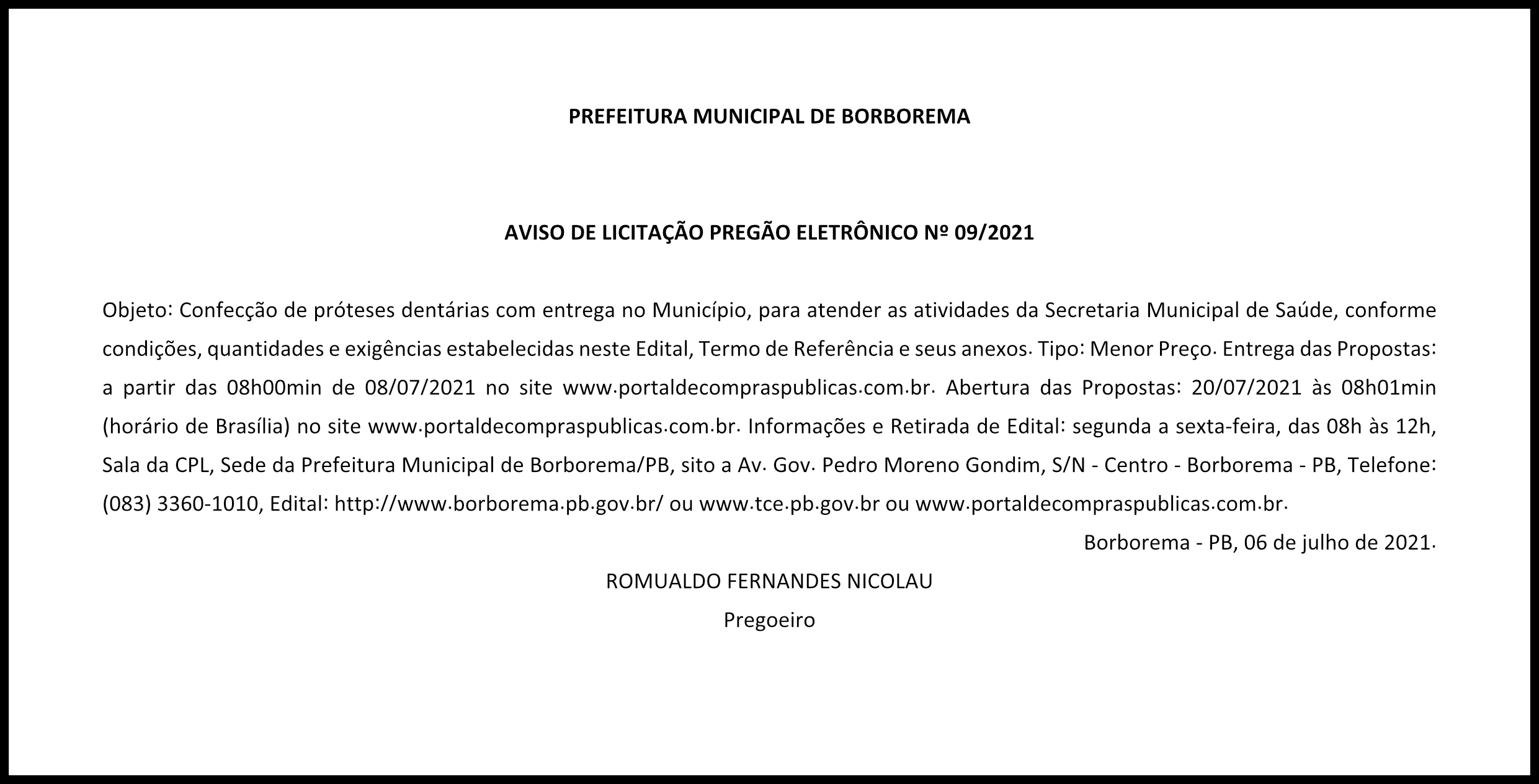 PREFEITURA MUNICIPAL DE BORBOREMA – AVISO DE LICITAÇÃO – PREGÃO ELETRÔNICO Nº 09/2021